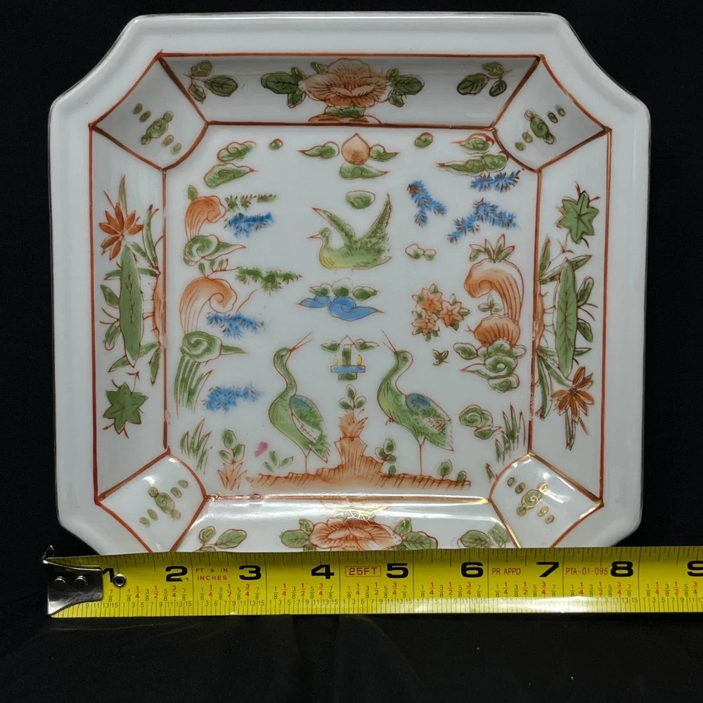 Vintage Hand Painted Porcelain Plate Bowl‎ Set Brass Rim Oriental Asian Horchow